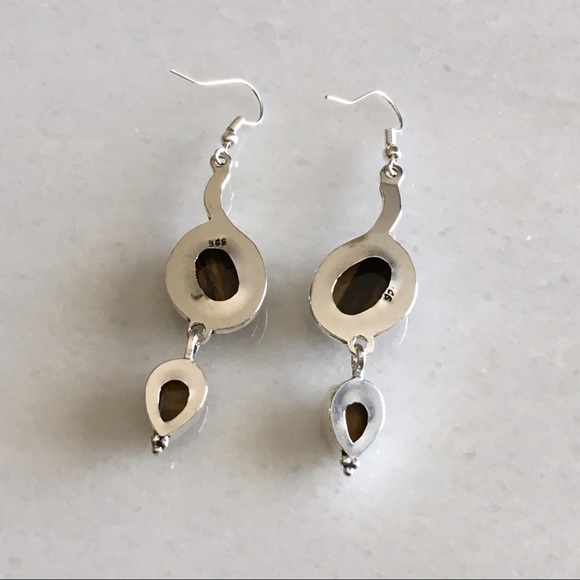 New Tiger’s Eye Gemstone Crystal Dangle Hook Silver Earrings - Picture 7 of 8